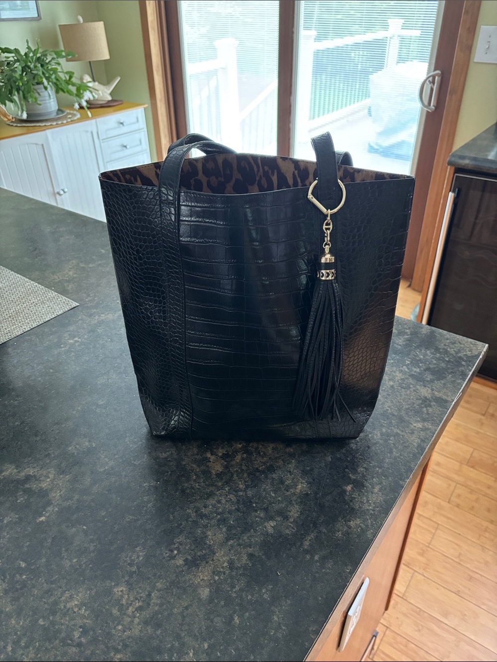 Ann Taylor Black Croc-Embossed Tote with Tassel Charm and Leopard Lining